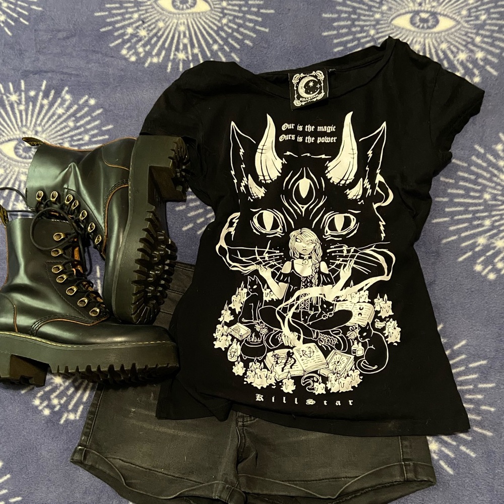 Killstar black baby doll women’s cut short sleeve magic cat T-shirt xs euc